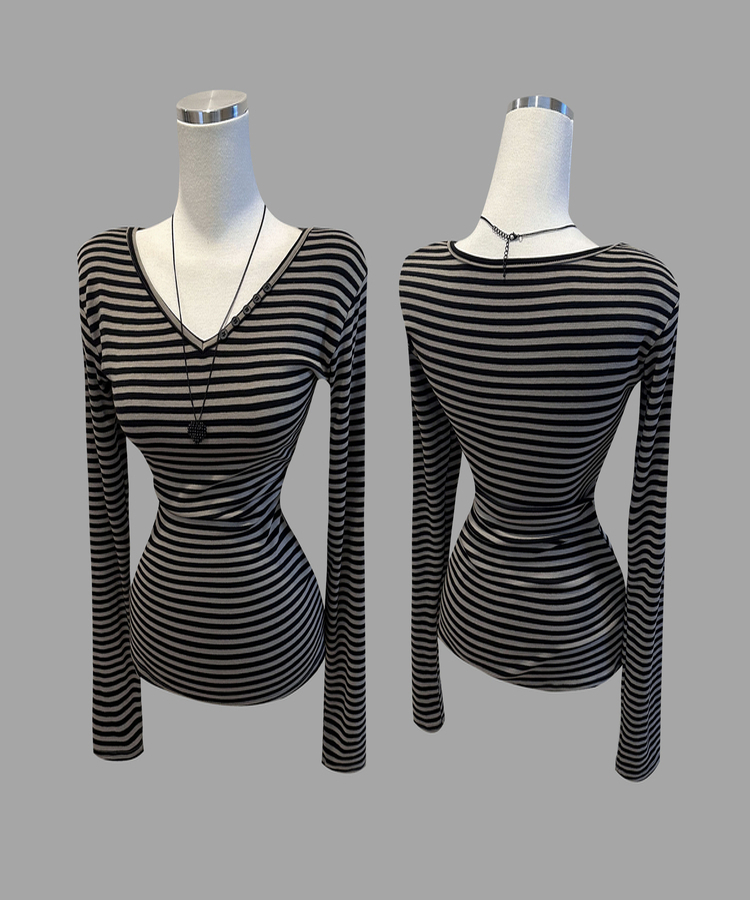 Vネックワンオフボタン長袖Tシャツ