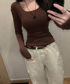 スクエアネック長袖Tシャツ(6color) BROWN