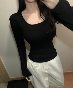 スクエアネック長袖Tシャツ(6color) BLACK