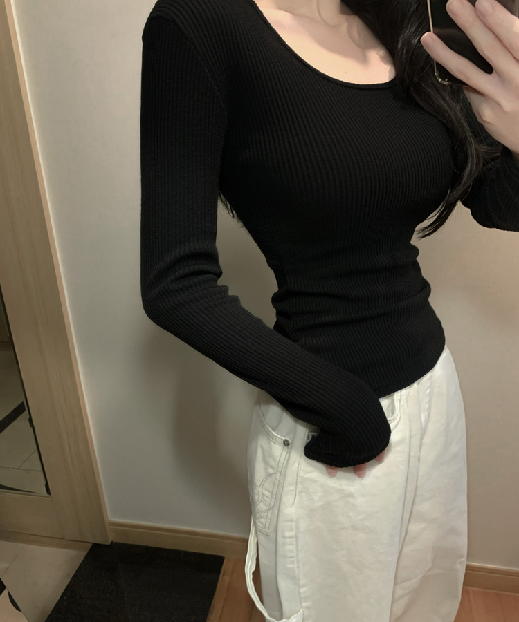 スクエアネック長袖Tシャツ(6color) BLACK