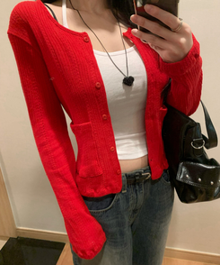 ビビッドフラワーパンチングカーディガン RED