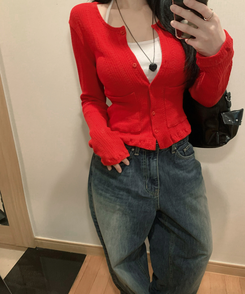 ビビッドフラワーパンチングカーディガン RED