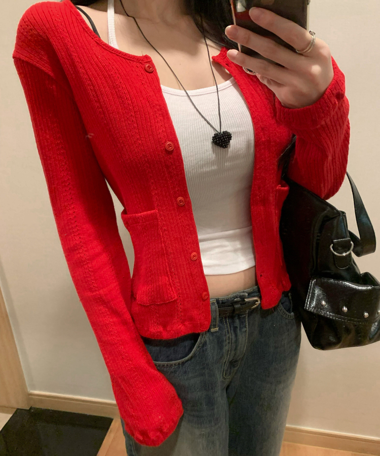 ビビッドフラワーパンチングカーディガン RED