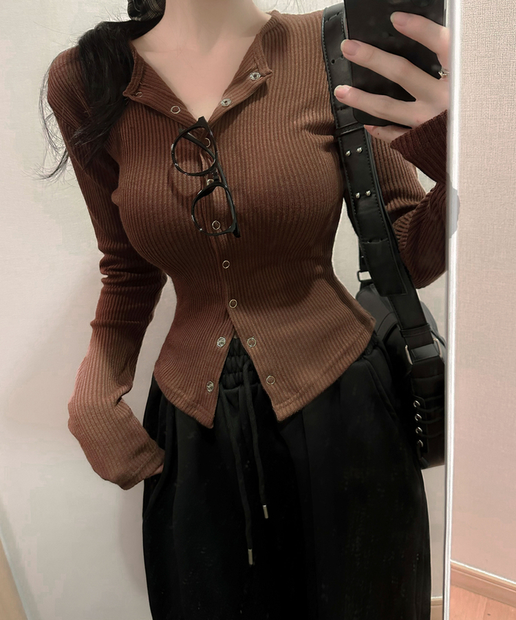 スリムスナップボタンカーディガン(6color) BROWN