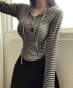 ストライプスナップボタン長袖Tシャツ IVORY