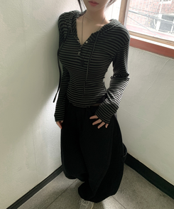 ストライプスナップボタン長袖Tシャツ CHARCOAL