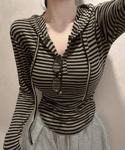 ストライプスナップボタン長袖Tシャツ KHAKI