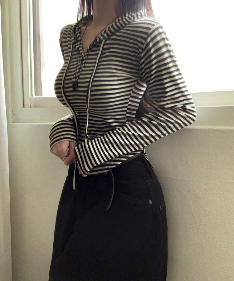 ストライプスナップボタン長袖Tシャツ IVORY