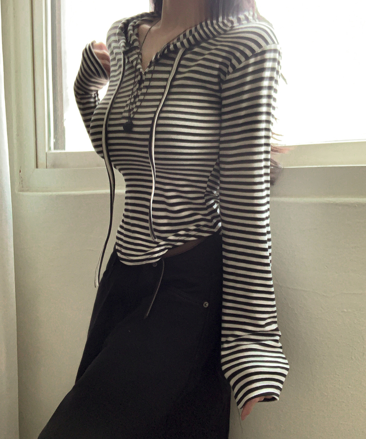 ストライプスナップボタン長袖Tシャツ IVORY