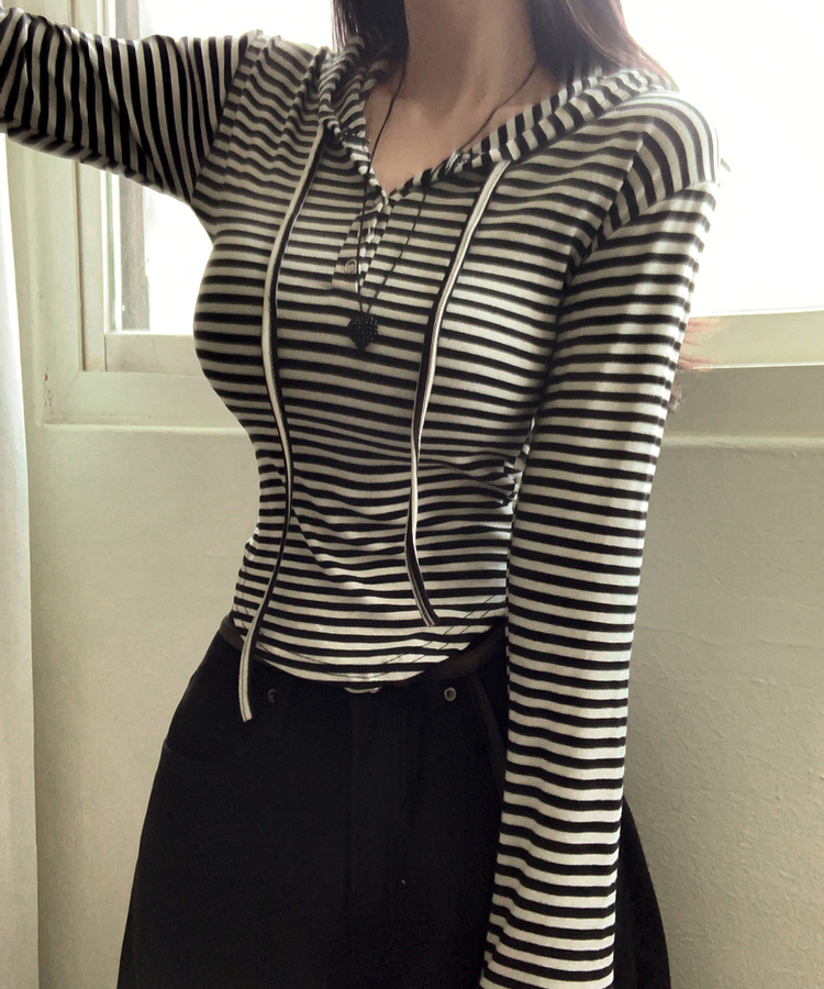 ストライプスナップボタン長袖Tシャツ IVORY