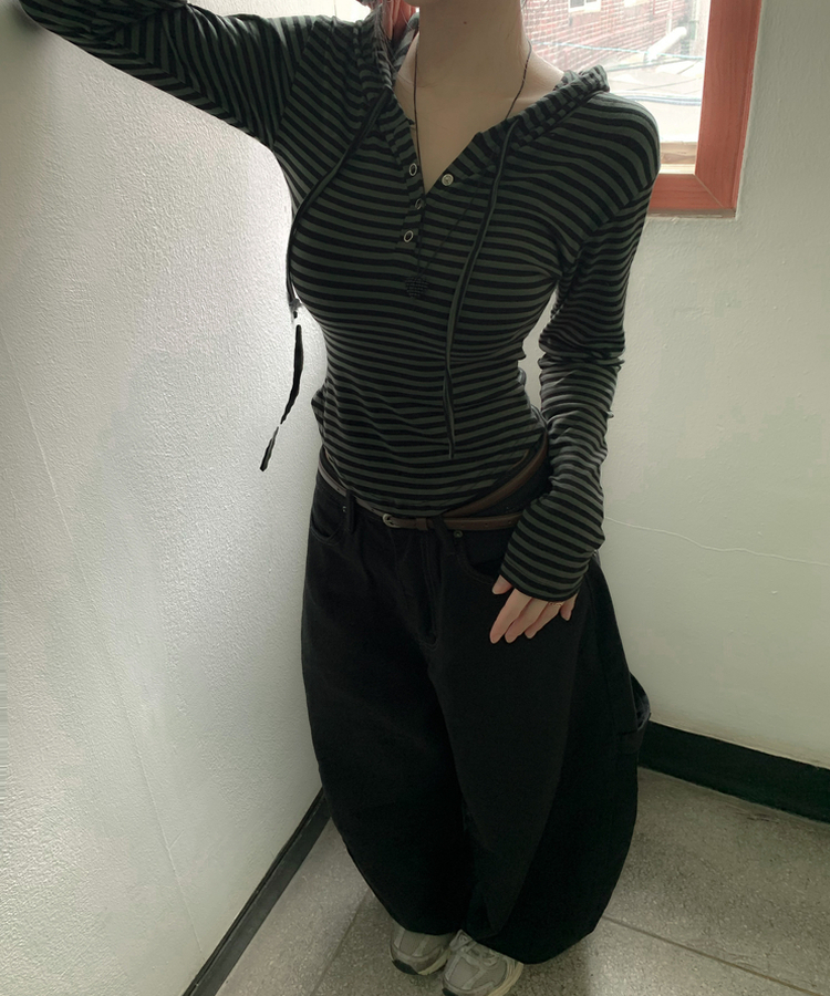 ストライプスナップボタン長袖Tシャツ CHARCOAL