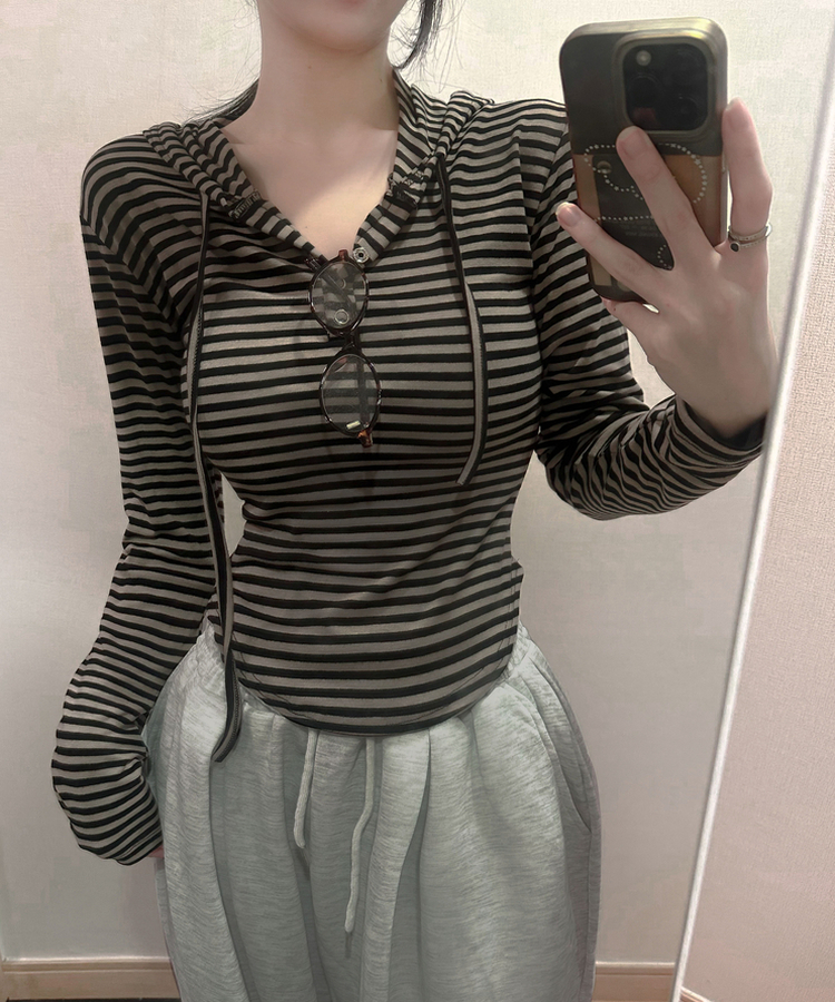 ストライプスナップボタン長袖Tシャツ KHAKI