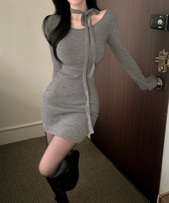 【タイ付き】リボンニットミニワンピース CHARCOAL