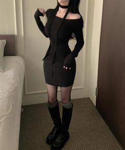 【タイ付き】リボンニットミニワンピース BLACK