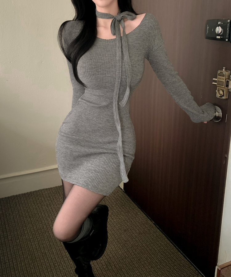 【タイ付き】リボンニットミニワンピース CHARCOAL