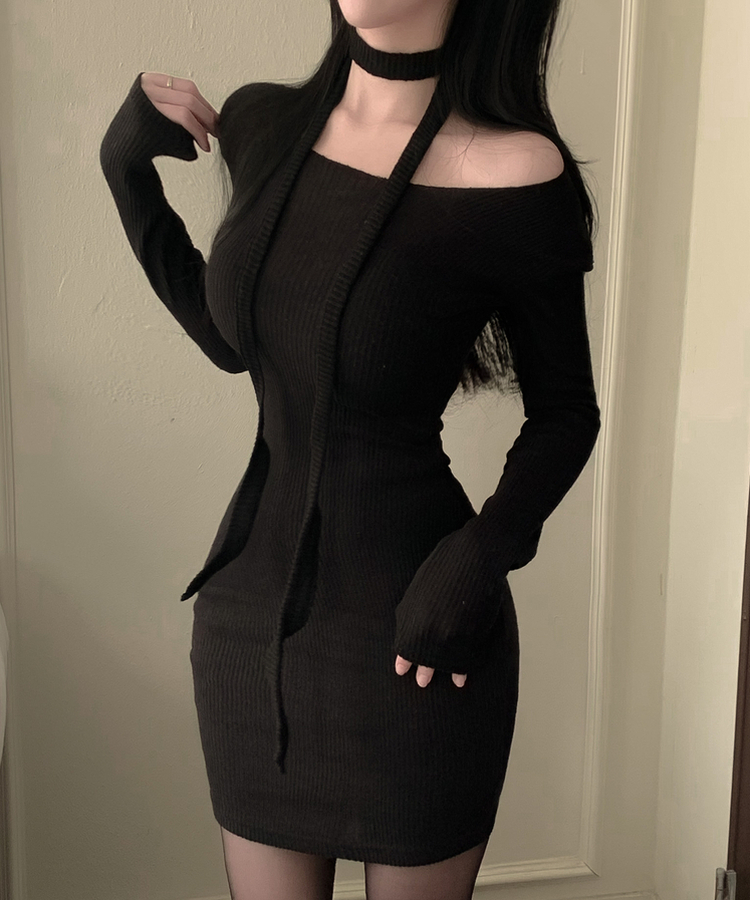 【タイ付き】リボンニットミニワンピース BLACK