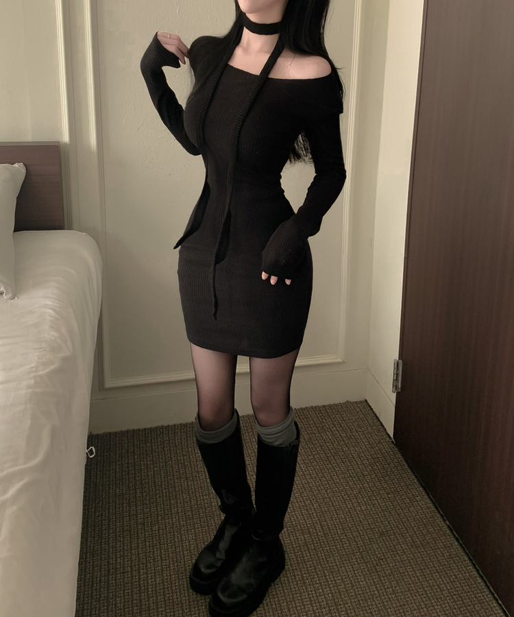 【タイ付き】リボンニットミニワンピース BLACK