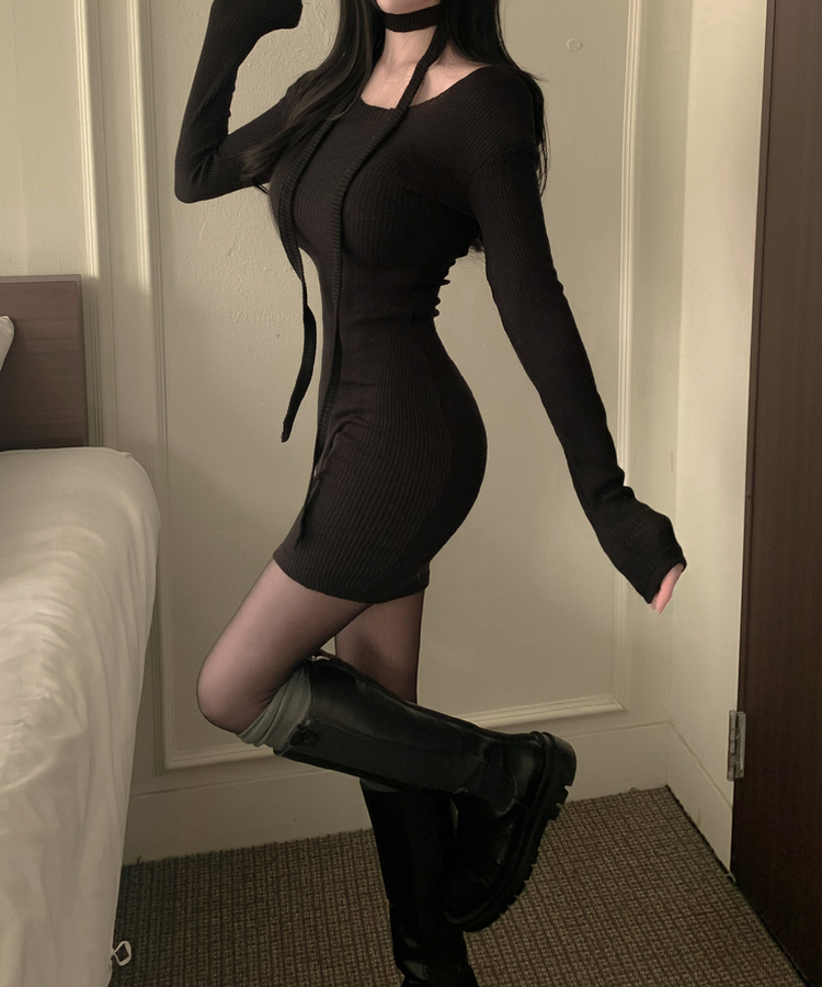 【タイ付き】リボンニットミニワンピース BLACK