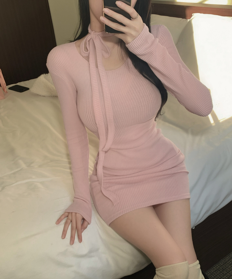 【タイ付き】リボンニットミニワンピース PINK