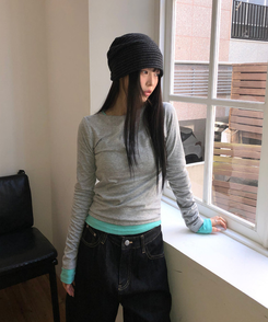 スリム無地ベーシック長袖Tシャツ(5color) MELANGE GRAY