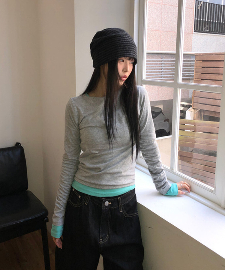 スリム無地ベーシック長袖Tシャツ(5color) MELANGE GRAY