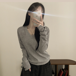 손등덮는 여리여리 브이넥 니트 긴팔티셔츠 봄맨투맨 봄신상 그레이
