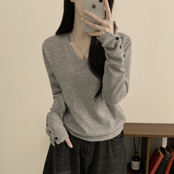 손등덮는 여리여리 브이넥 니트 긴팔티셔츠 봄맨투맨 봄신상 그레이