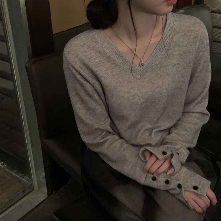 손등덮는 여리여리 브이넥 니트 긴팔티셔츠 봄맨투맨 봄신상 그레이