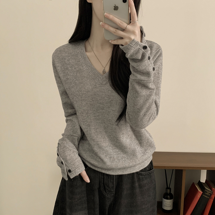 손등덮는 여리여리 브이넥 니트 긴팔티셔츠 봄맨투맨 봄신상 그레이