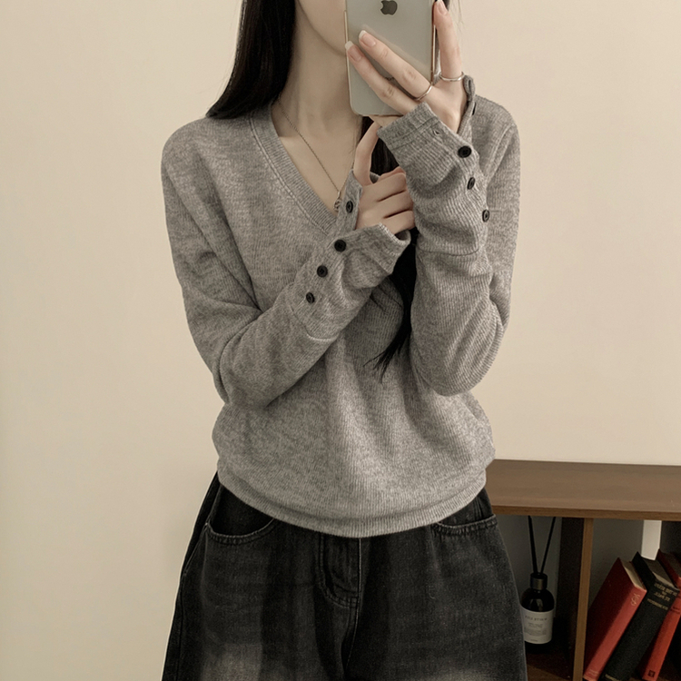 손등덮는 여리여리 브이넥 니트 긴팔티셔츠 봄맨투맨 봄신상 그레이