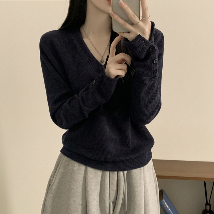 손등덮는 여리여리 브이넥 니트 긴팔티셔츠 봄맨투맨 봄신상 곤색
