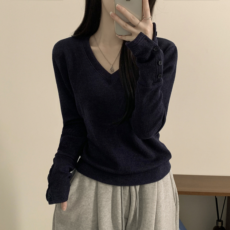 손등덮는 여리여리 브이넥 니트 긴팔티셔츠 봄맨투맨 봄신상 곤색