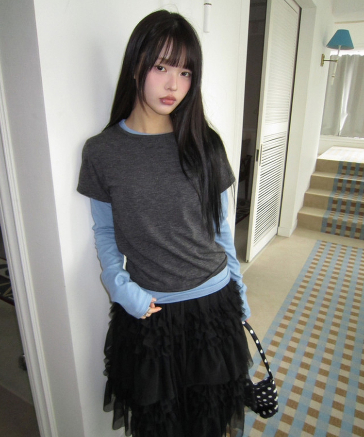 【SET】バイカラーレイヤード長袖Tシャツ CHARCOAL