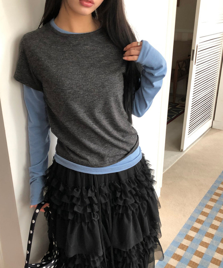【SET】バイカラーレイヤード長袖Tシャツ CHARCOAL