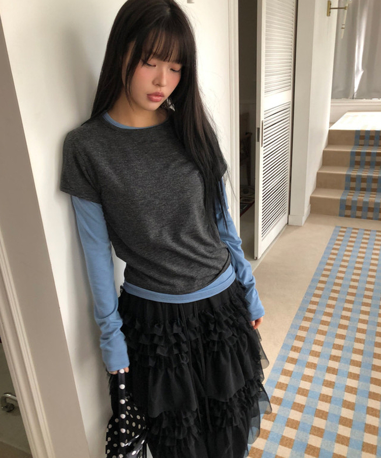 【SET】バイカラーレイヤード長袖Tシャツ CHARCOAL