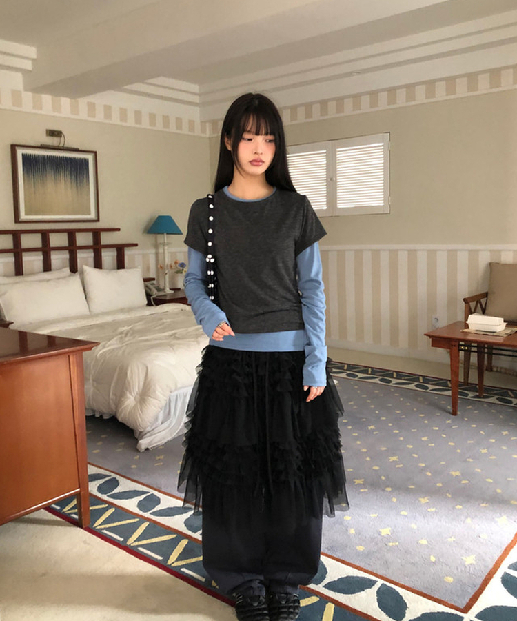 【SET】バイカラーレイヤード長袖Tシャツ CHARCOAL