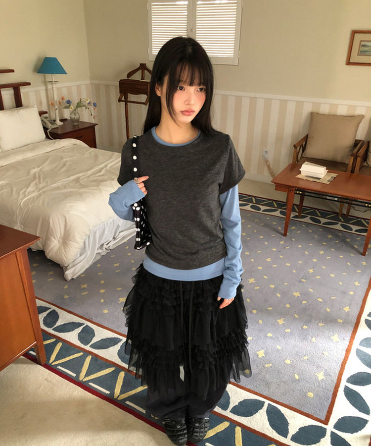 【SET】バイカラーレイヤード長袖Tシャツ CHARCOAL