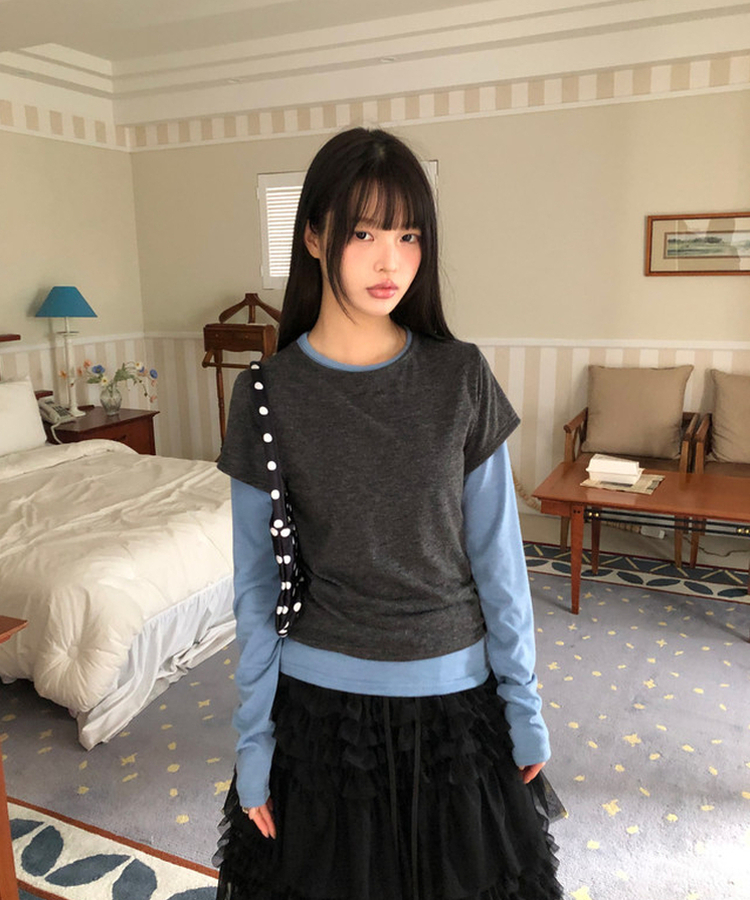 【SET】バイカラーレイヤード長袖Tシャツ CHARCOAL