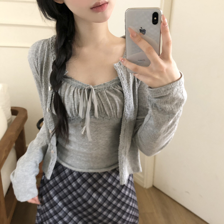 【SET】フリルリボンキャミソール カーディガン GREY
