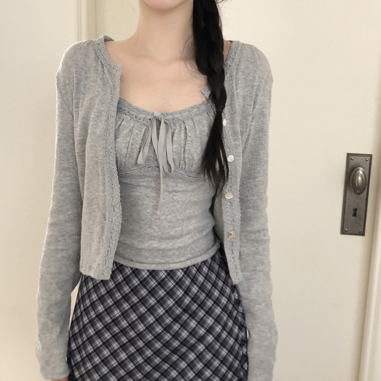 【SET】フリルリボンキャミソール カーディガン GREY