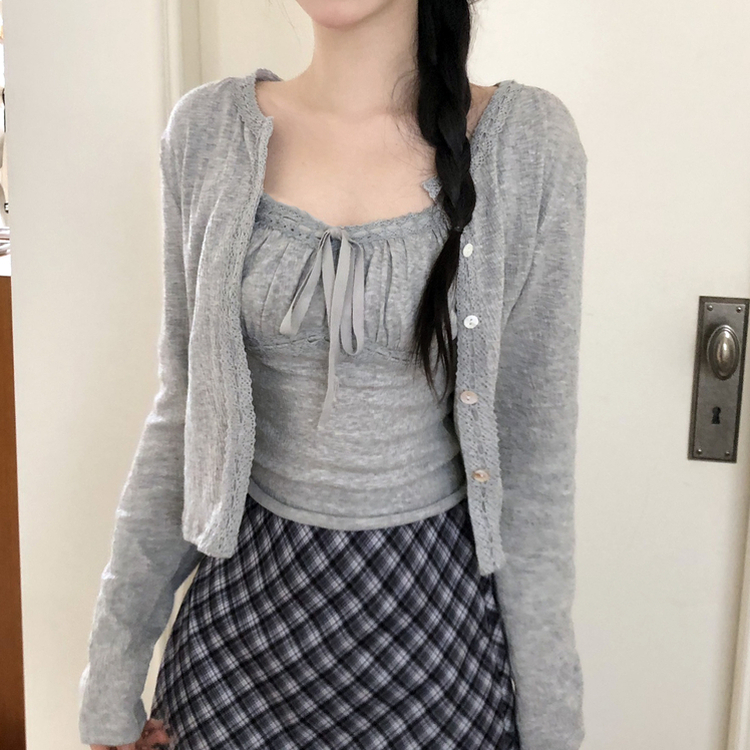 【SET】フリルリボンキャミソール カーディガン GREY