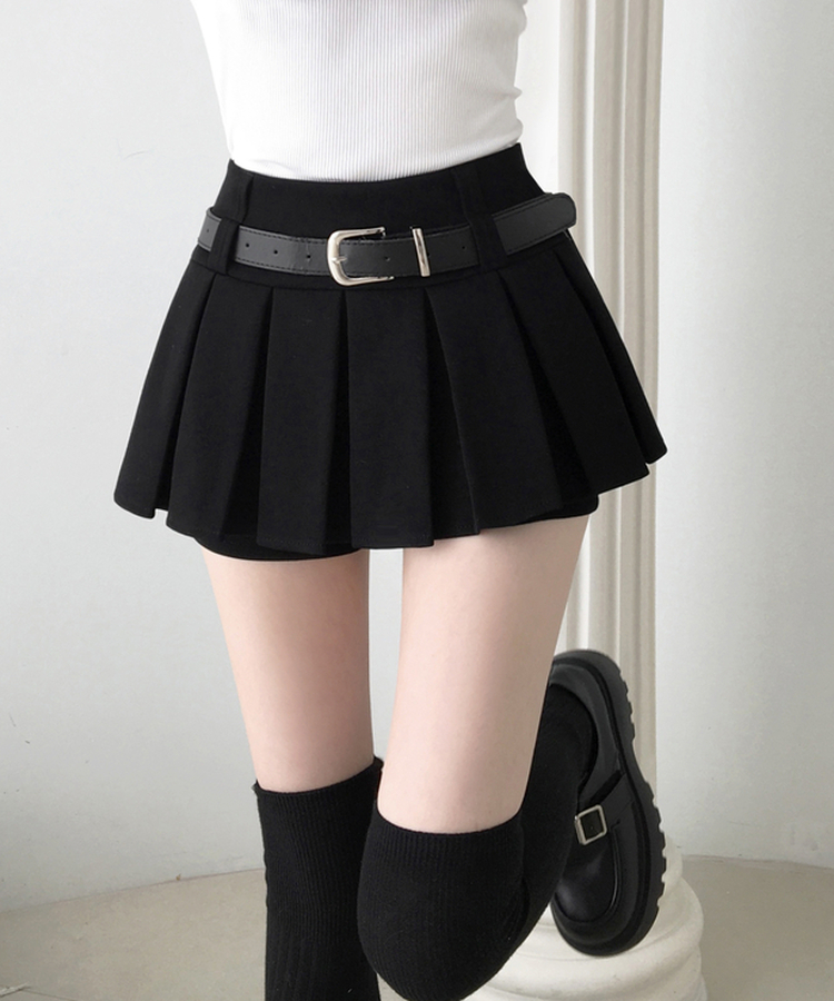하빈 벨트 플리츠 콘솔지퍼 치마바지 미니 스커트 블랙