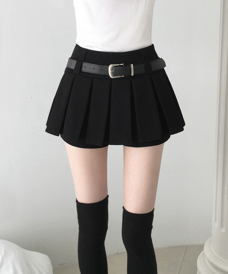 하빈 벨트 플리츠 콘솔지퍼 치마바지 미니 스커트 블랙