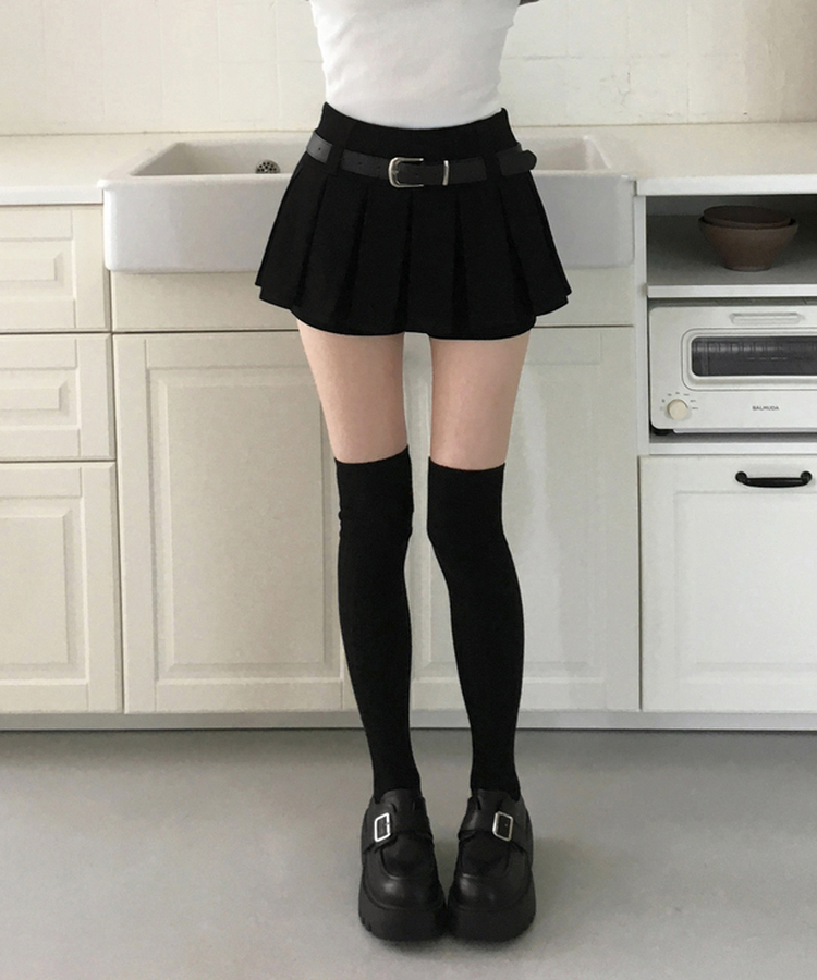 하빈 벨트 플리츠 콘솔지퍼 치마바지 미니 스커트 블랙
