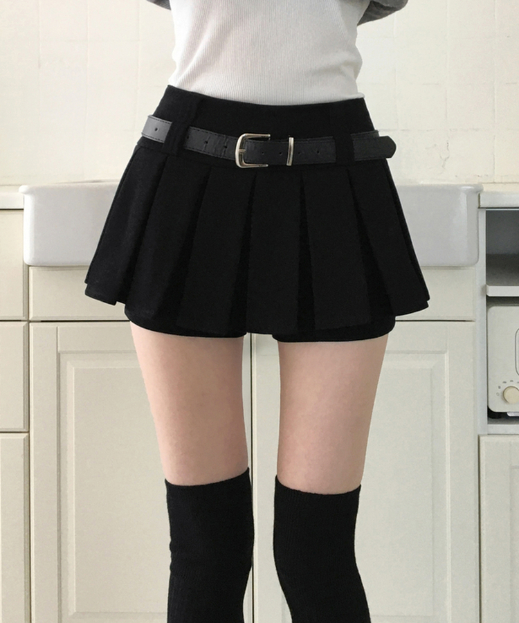 하빈 벨트 플리츠 콘솔지퍼 치마바지 미니 스커트 블랙