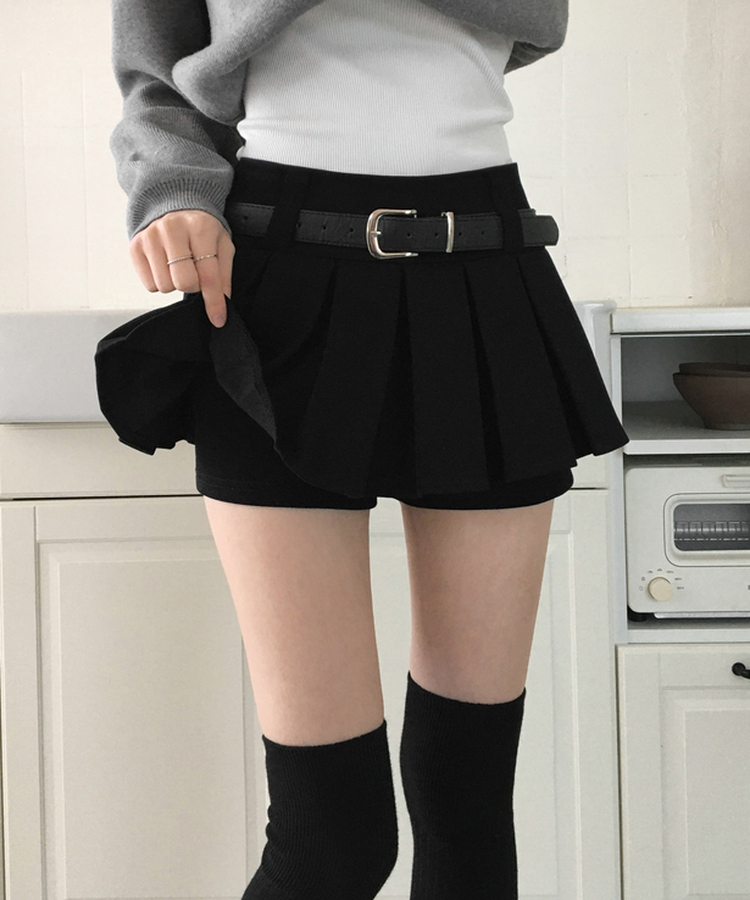 하빈 벨트 플리츠 콘솔지퍼 치마바지 미니 스커트 블랙