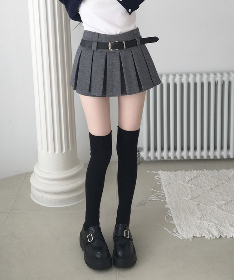 하빈 벨트 플리츠 콘솔지퍼 치마바지 미니 스커트 그레이