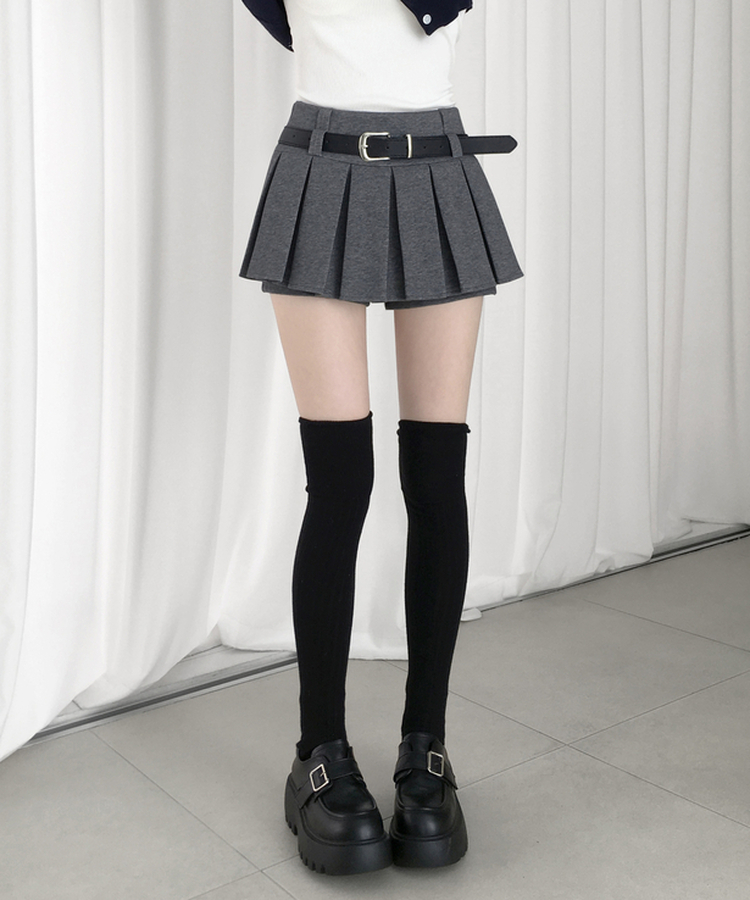 하빈 벨트 플리츠 콘솔지퍼 치마바지 미니 스커트 그레이