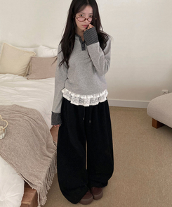 ビンテージレタリングスリットラインワイドトレーニングパンツ VINTAGE BLACK