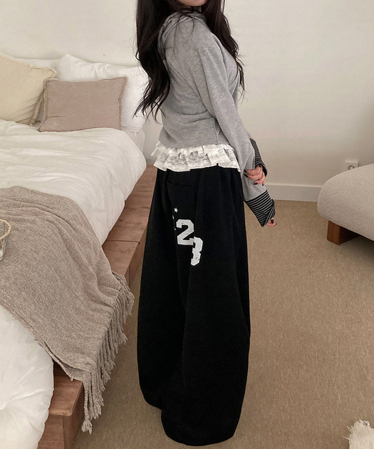 MADE루키 빈티지 레터링 나염 절개라인 와이드 트레이닝 팬츠 밑단스트링 밴딩 빈티지블랙